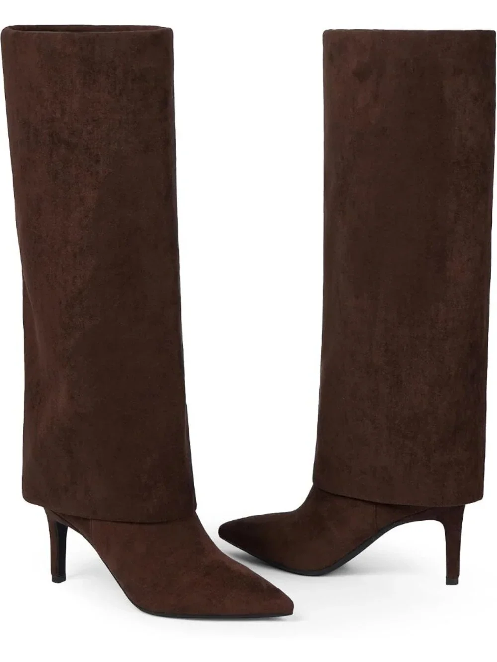 Women's Chocolate Suede Stiletto Heel Pointed Toe Chic Fold Over Knee High Boots
